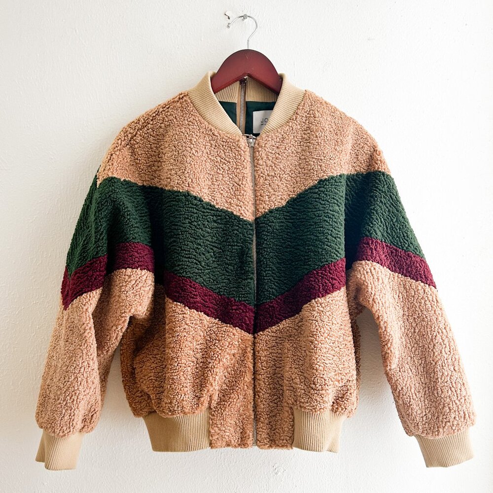 REVOLVE‎ X J.O.A. Colorblock Teddy Faux Fur Jacket In Beige & Forest SZ Small